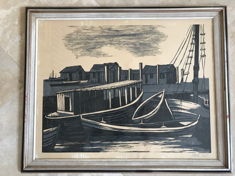 RARE Vintage 1958 Moshe Gat Original Woodcut Signed In Pencil Titled 'Fishing Village'