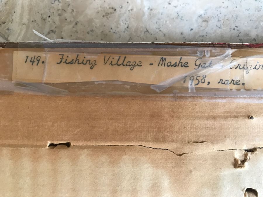 RARE Vintage 1958 Moshe Gat Original Woodcut Signed In Pencil Titled 'Fishing Village' [Photo 18]