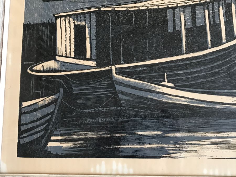 RARE Vintage 1958 Moshe Gat Original Woodcut Signed In Pencil Titled 'Fishing Village' [Photo 6]