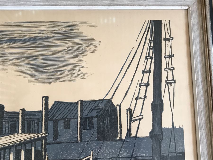 RARE Vintage 1958 Moshe Gat Original Woodcut Signed In Pencil Titled 'Fishing Village' [Photo 10]