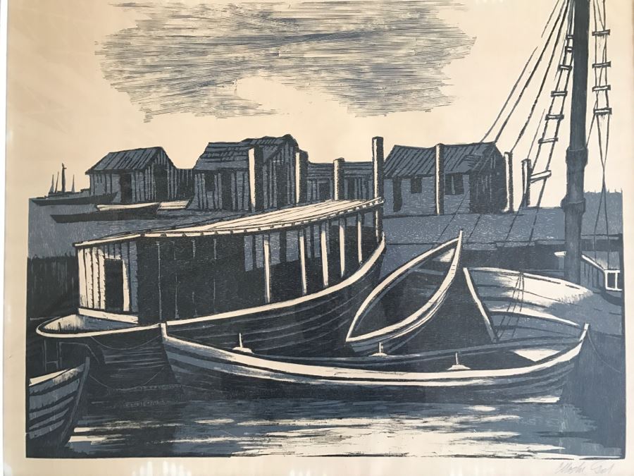 RARE Vintage 1958 Moshe Gat Original Woodcut Signed In Pencil Titled 'Fishing Village' [Photo 3]