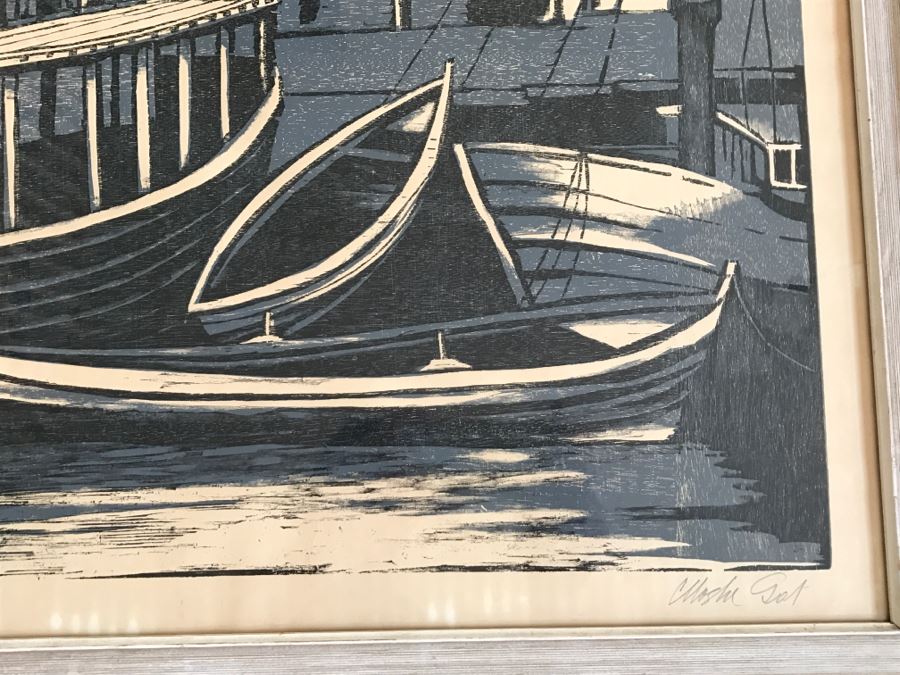 RARE Vintage 1958 Moshe Gat Original Woodcut Signed In Pencil Titled 'Fishing Village' [Photo 8]
