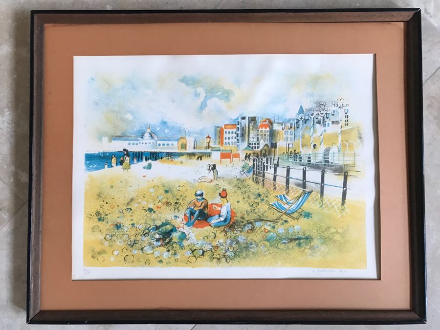 Vintage 1969 Charles J Lombardo Hand Pencil Signed Lithograph 93 Of 275 Titled 'This Pope' Beach Scene