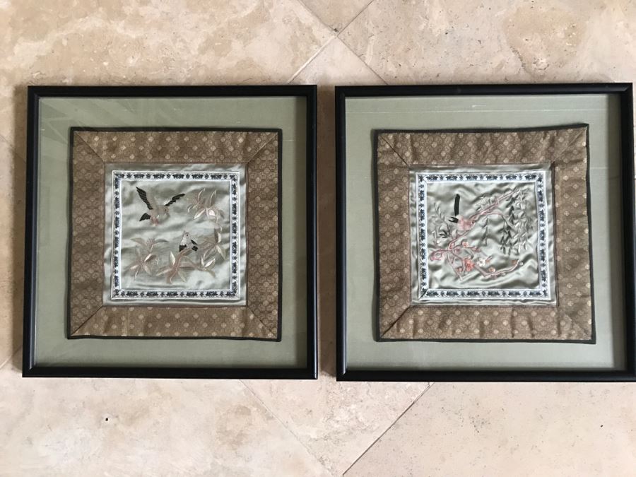 Pair Of Framed Asian Silk Embroidery Of Birds And Flowers Artwork