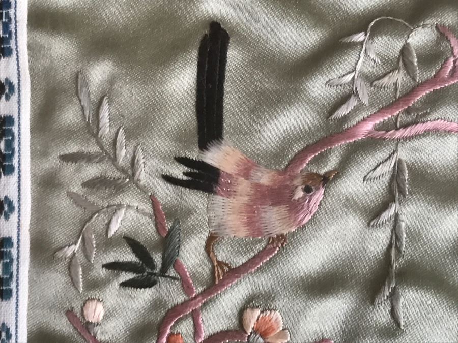 Pair Of Framed Asian Silk Embroidery Of Birds And Flowers Artwork [Photo 6]