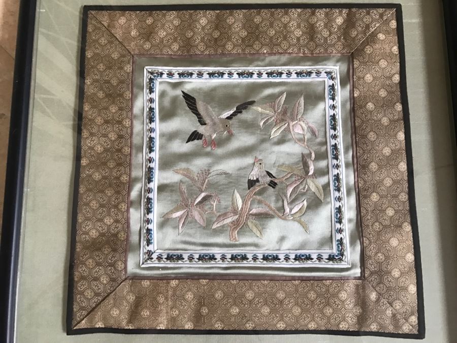 Pair Of Framed Asian Silk Embroidery Of Birds And Flowers Artwork [Photo 13]