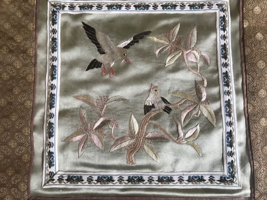 Pair Of Framed Asian Silk Embroidery Of Birds And Flowers Artwork [Photo 3]
