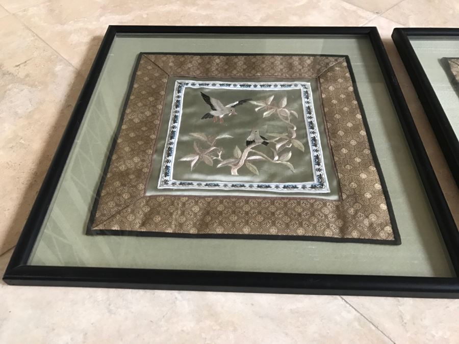 Pair Of Framed Asian Silk Embroidery Of Birds And Flowers Artwork [Photo 20]