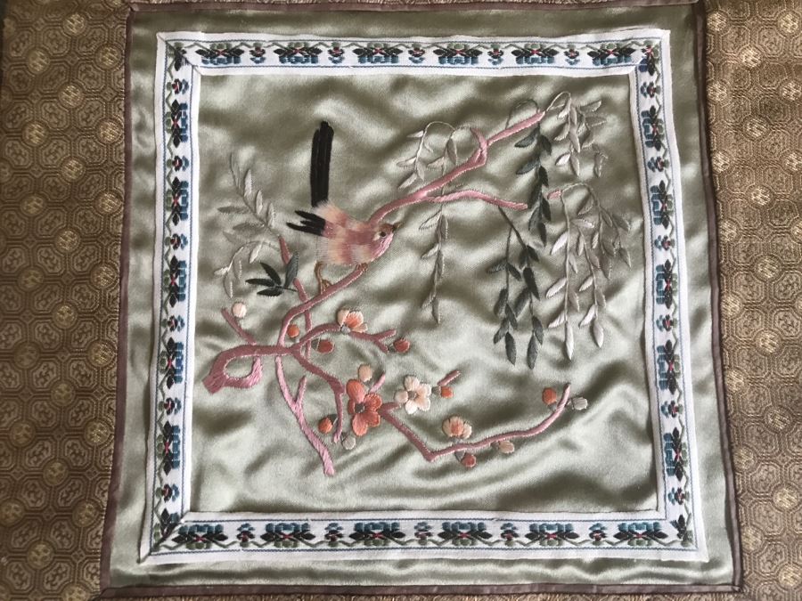 Pair Of Framed Asian Silk Embroidery Of Birds And Flowers Artwork [Photo 2]