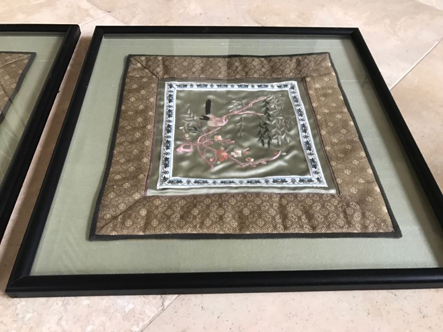Pair Of Framed Asian Silk Embroidery Of Birds And Flowers Artwork [Photo 21]