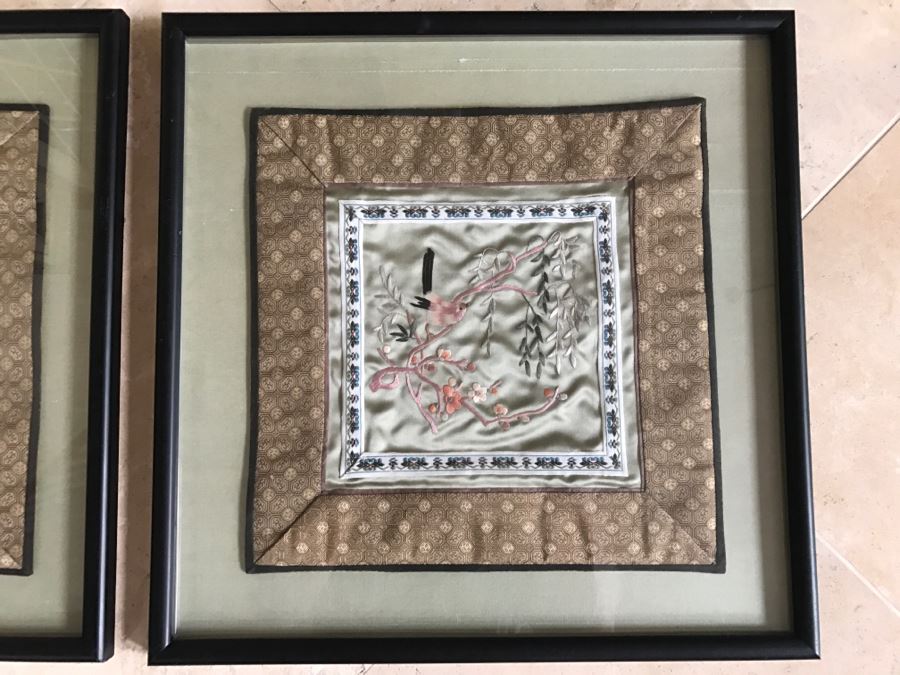 Pair Of Framed Asian Silk Embroidery Of Birds And Flowers Artwork [Photo 4]