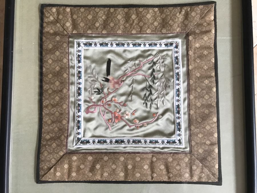 Pair Of Framed Asian Silk Embroidery Of Birds And Flowers Artwork [Photo 5]
