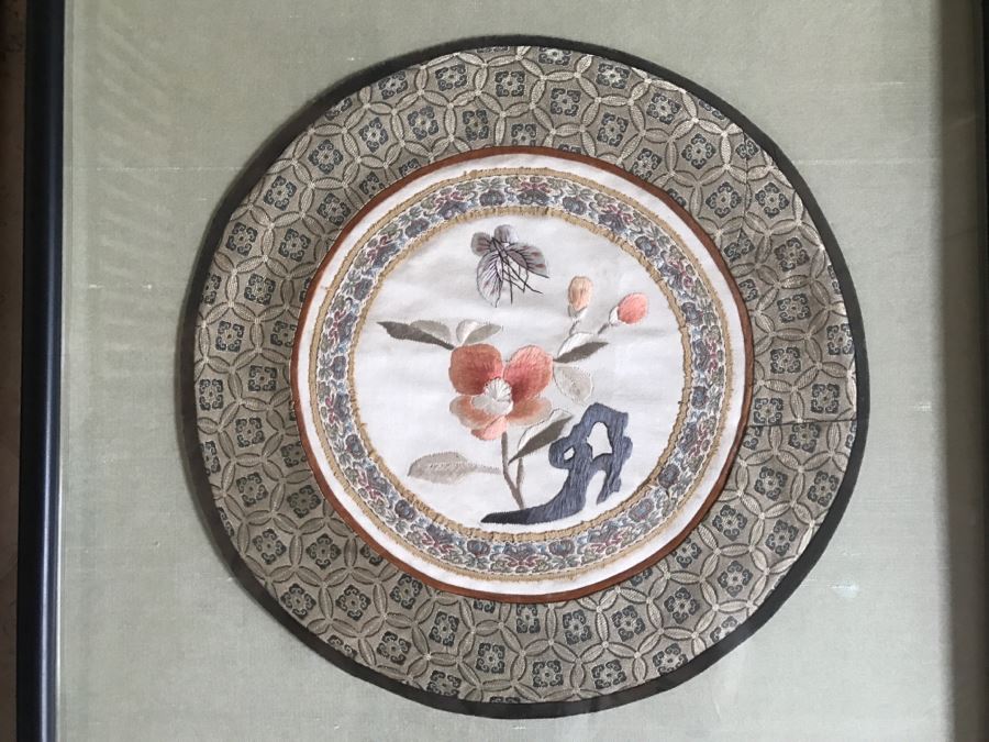 Pair Of Framed Asian Silk Embroidery Of Butterflies And Flowers Artwork [Photo 2]