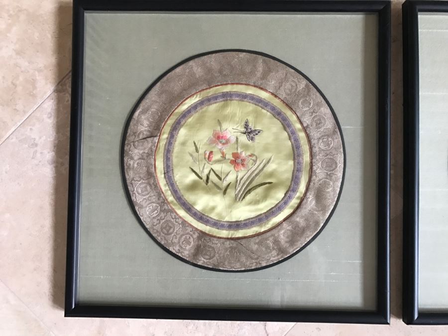 Pair Of Framed Asian Silk Embroidery Of Butterflies And Flowers Artwork [Photo 5]