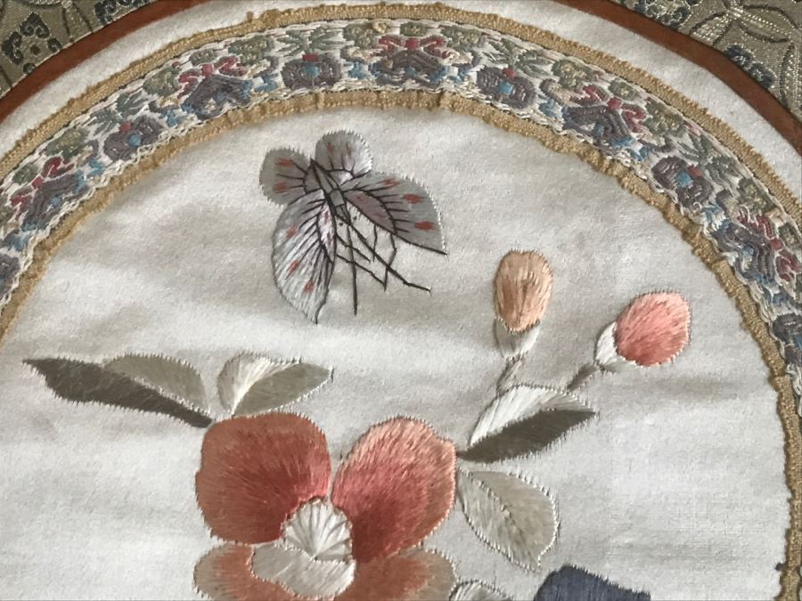 Pair Of Framed Asian Silk Embroidery Of Butterflies And Flowers Artwork [Photo 10]
