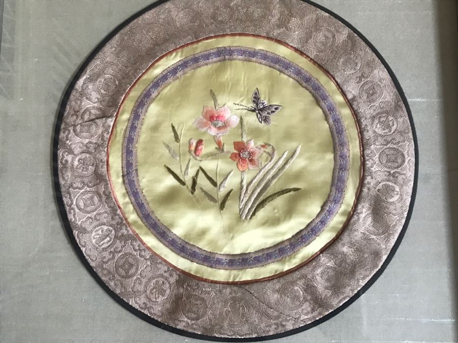 Pair Of Framed Asian Silk Embroidery Of Butterflies And Flowers Artwork [Photo 13]