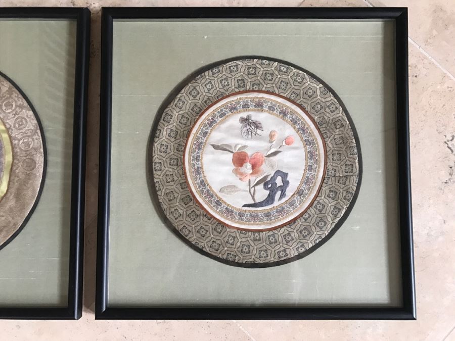 Pair Of Framed Asian Silk Embroidery Of Butterflies And Flowers Artwork [Photo 4]