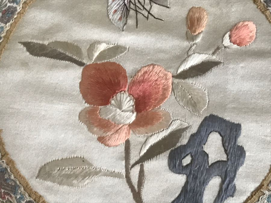 Pair Of Framed Asian Silk Embroidery Of Butterflies And Flowers Artwork [Photo 8]