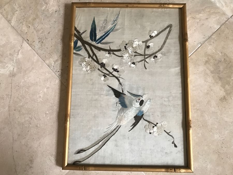 Very Fine Vintage Hand Stitched Silk Embroidery Of Bird And Flowers In Gilt Bamboo Frame