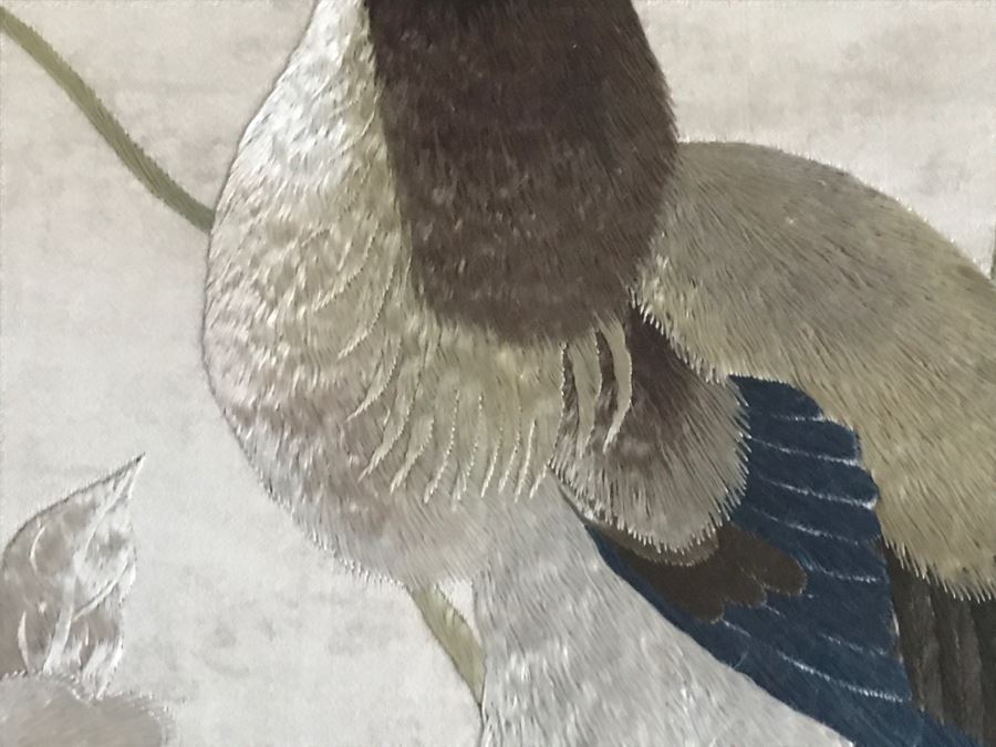 Very Fine Vintage Hand Stitched Silk Embroidery Of Rooster And Flowers In Gilt Bamboo Frame [Photo 10]