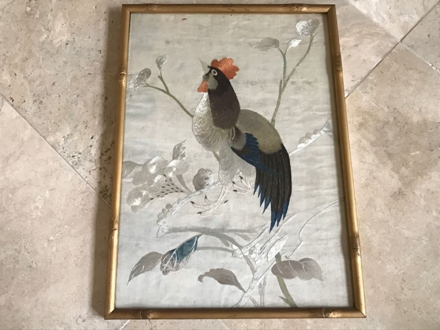Very Fine Vintage Hand Stitched Silk Embroidery Of Rooster And Flowers In Gilt Bamboo Frame