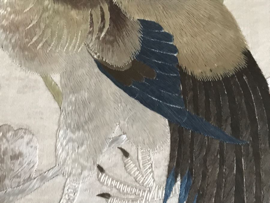 Very Fine Vintage Hand Stitched Silk Embroidery Of Rooster And Flowers In Gilt Bamboo Frame [Photo 11]