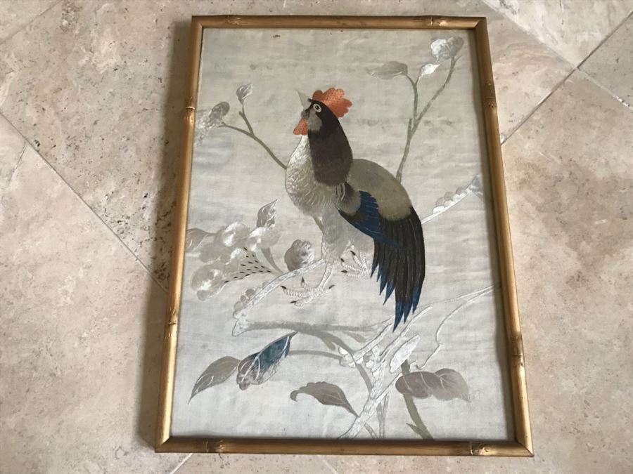Very Fine Vintage Hand Stitched Silk Embroidery Of Rooster And Flowers In Gilt Bamboo Frame [Photo 20]