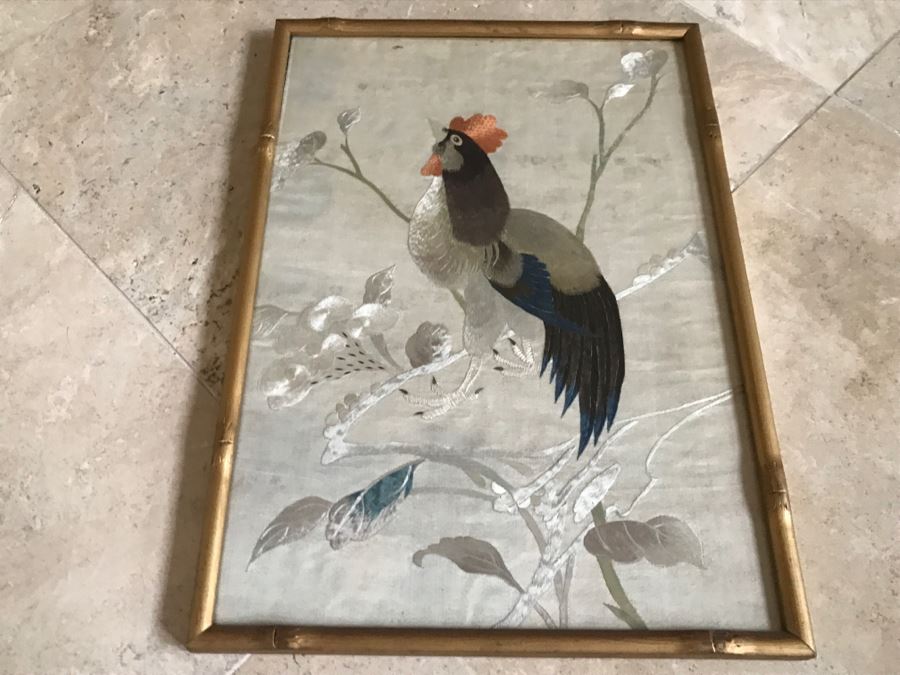 Very Fine Vintage Hand Stitched Silk Embroidery Of Rooster And Flowers In Gilt Bamboo Frame [Photo 19]