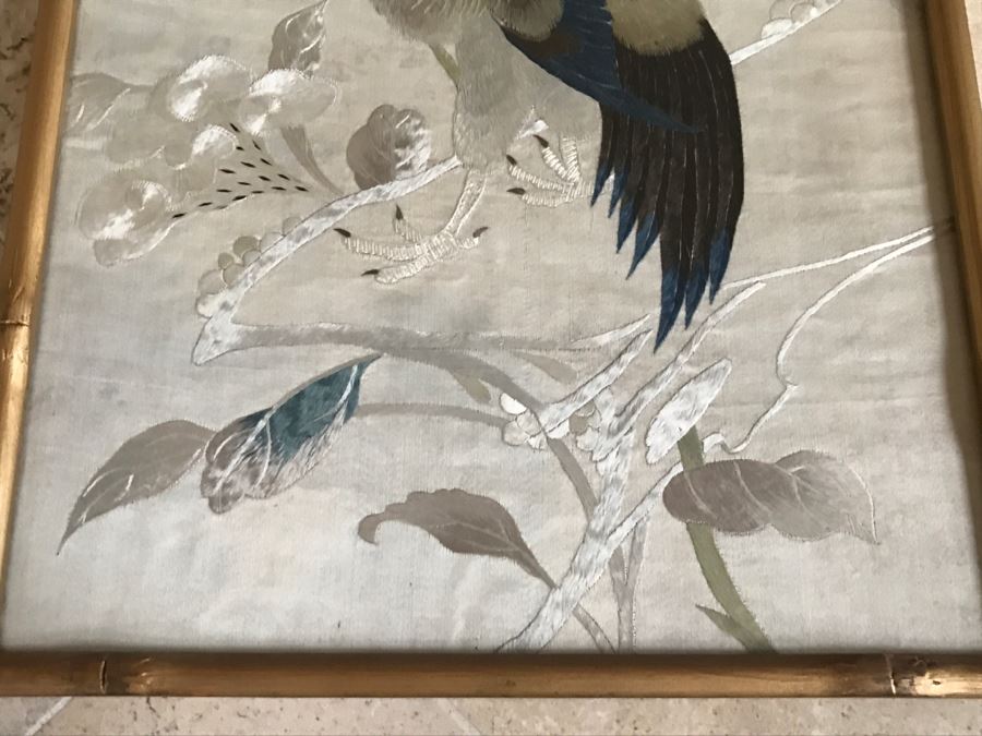 Very Fine Vintage Hand Stitched Silk Embroidery Of Rooster And Flowers In Gilt Bamboo Frame [Photo 5]