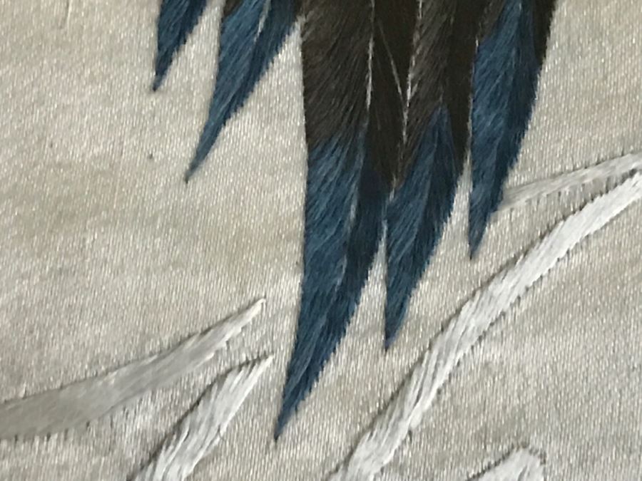 Very Fine Vintage Hand Stitched Silk Embroidery Of Rooster And Flowers In Gilt Bamboo Frame [Photo 14]