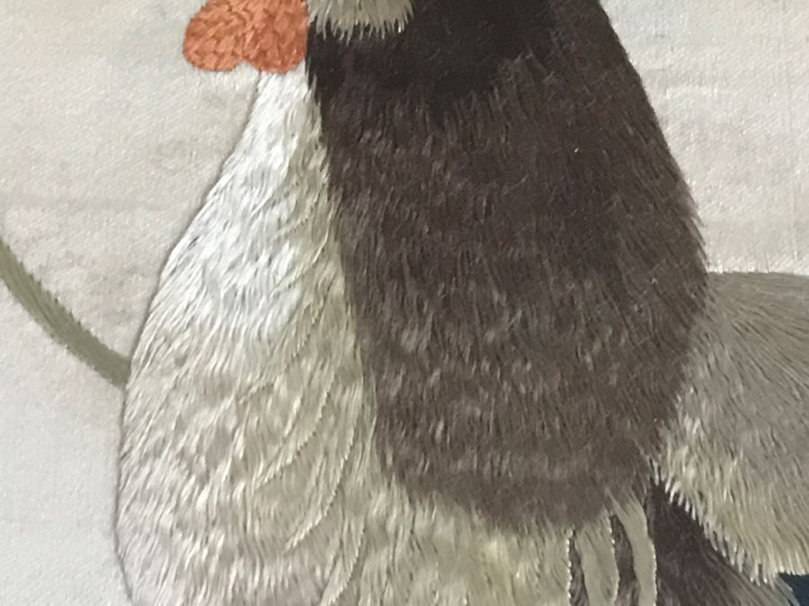 Very Fine Vintage Hand Stitched Silk Embroidery Of Rooster And Flowers In Gilt Bamboo Frame [Photo 9]