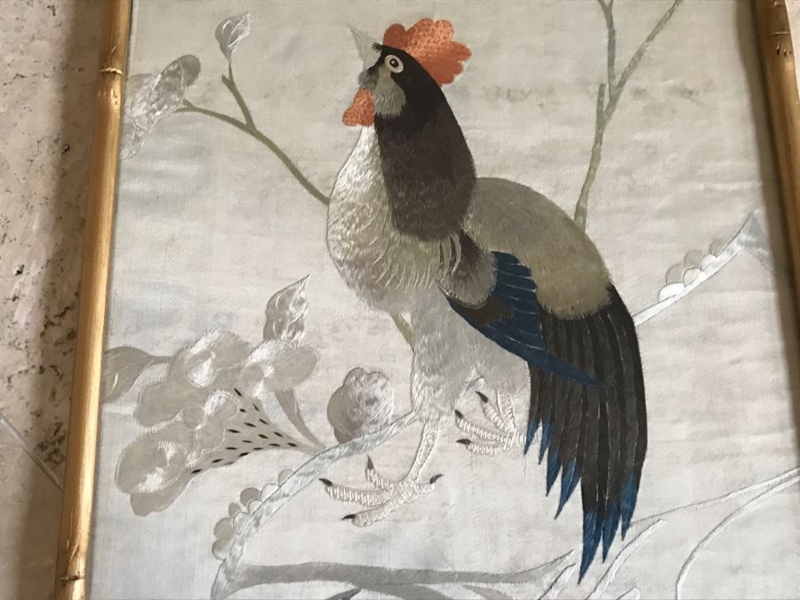 Very Fine Vintage Hand Stitched Silk Embroidery Of Rooster And Flowers In Gilt Bamboo Frame [Photo 3]
