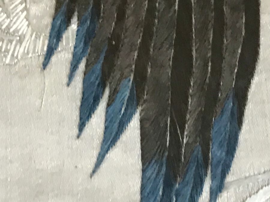 Very Fine Vintage Hand Stitched Silk Embroidery Of Rooster And Flowers In Gilt Bamboo Frame [Photo 13]