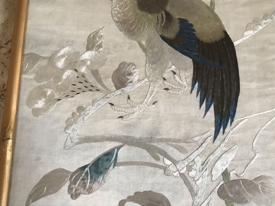 Very Fine Vintage Hand Stitched Silk Embroidery Of Rooster And Flowers In Gilt Bamboo Frame [Photo 4]
