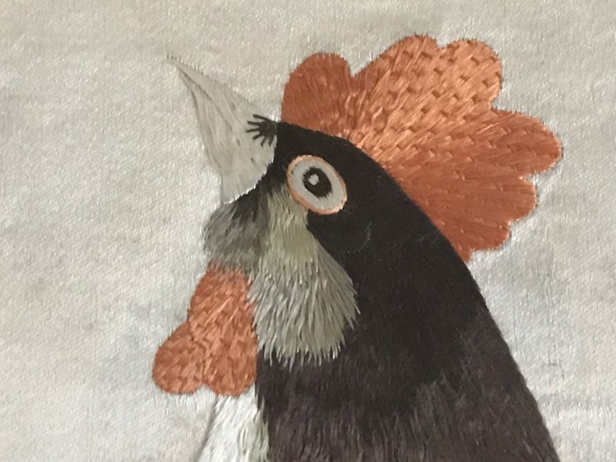 Very Fine Vintage Hand Stitched Silk Embroidery Of Rooster And Flowers In Gilt Bamboo Frame [Photo 8]