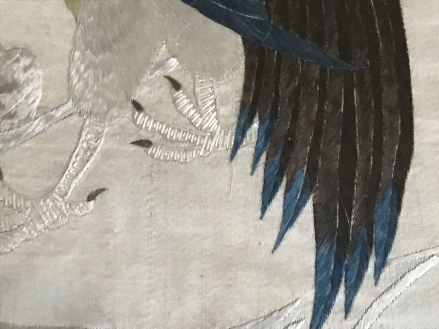 Very Fine Vintage Hand Stitched Silk Embroidery Of Rooster And Flowers In Gilt Bamboo Frame [Photo 12]