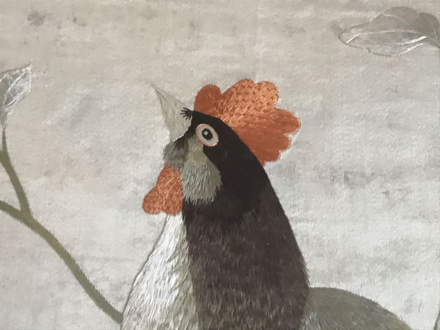 Very Fine Vintage Hand Stitched Silk Embroidery Of Rooster And Flowers In Gilt Bamboo Frame [Photo 7]