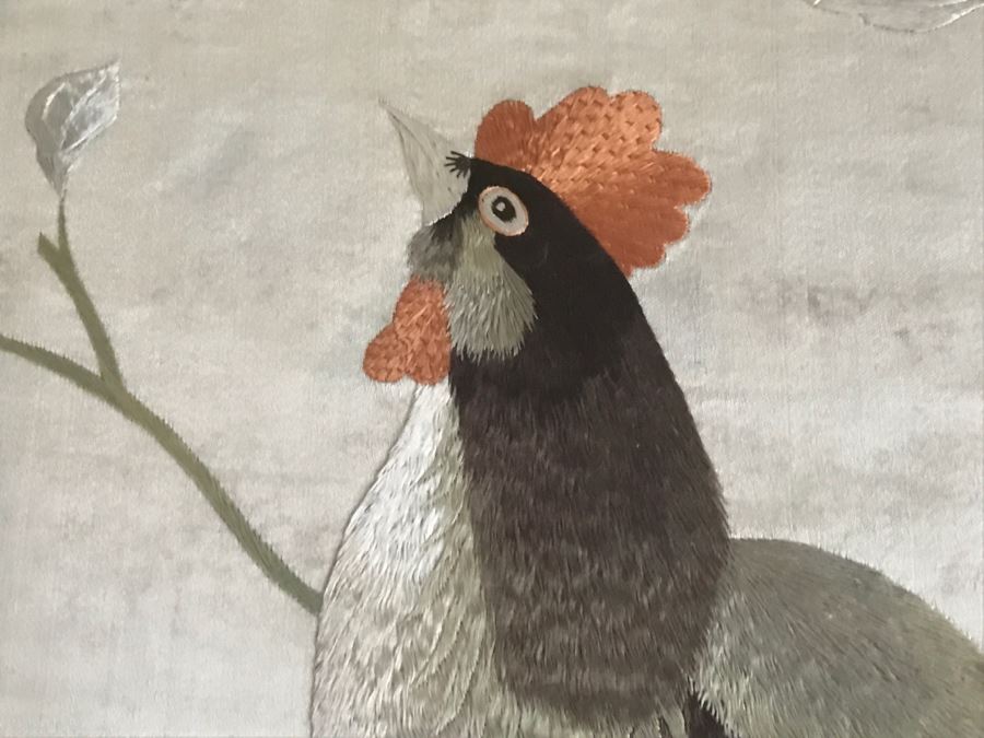 Very Fine Vintage Hand Stitched Silk Embroidery Of Rooster And Flowers In Gilt Bamboo Frame [Photo 6]