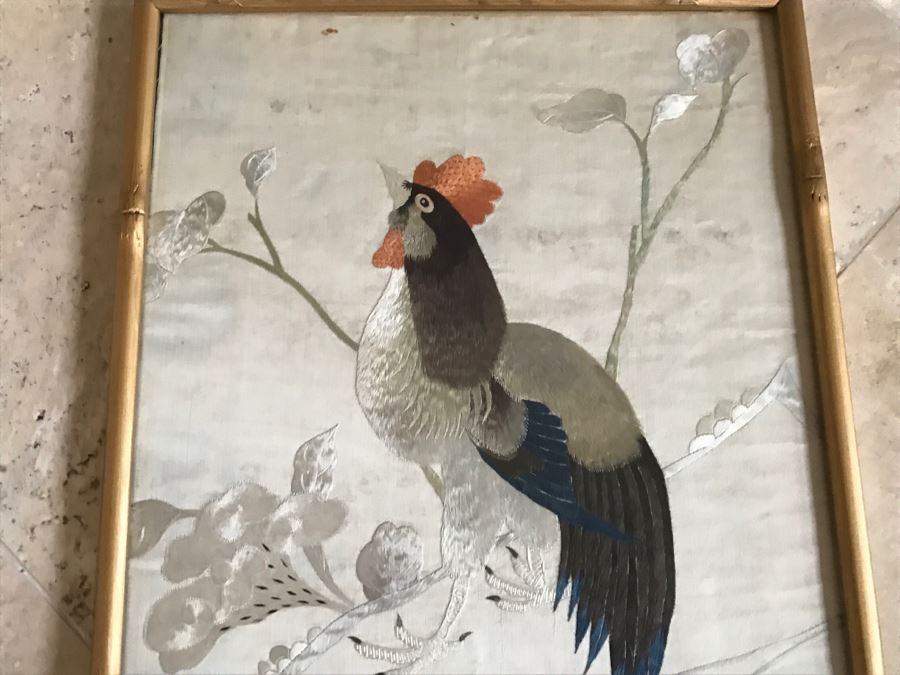 Very Fine Vintage Hand Stitched Silk Embroidery Of Rooster And Flowers In Gilt Bamboo Frame [Photo 2]