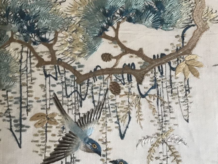 STUNNING Very Fine Vintage Hand Stitched Silk Embroidery Of Many Birds And Trees In Gilt Bamboo Frame [Photo 25]