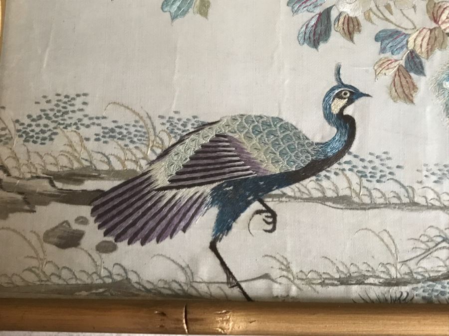 STUNNING Very Fine Vintage Hand Stitched Silk Embroidery Of Many Birds And Trees In Gilt Bamboo Frame [Photo 21]