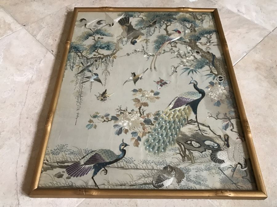 STUNNING Very Fine Vintage Hand Stitched Silk Embroidery Of Many Birds And Trees In Gilt Bamboo Frame [Photo 32]
