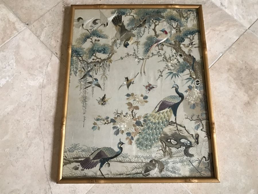 STUNNING Very Fine Vintage Hand Stitched Silk Embroidery Of Many Birds And Trees In Gilt Bamboo Frame [Photo 33]