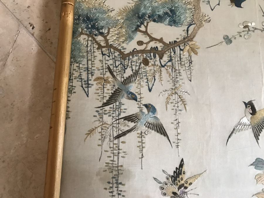 STUNNING Very Fine Vintage Hand Stitched Silk Embroidery Of Many Birds And Trees In Gilt Bamboo Frame [Photo 23]