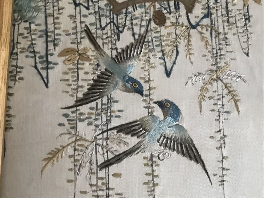 STUNNING Very Fine Vintage Hand Stitched Silk Embroidery Of Many Birds And Trees In Gilt Bamboo Frame [Photo 24]