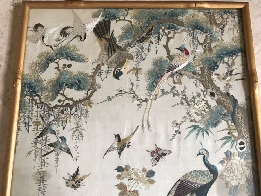 STUNNING Very Fine Vintage Hand Stitched Silk Embroidery Of Many Birds ...