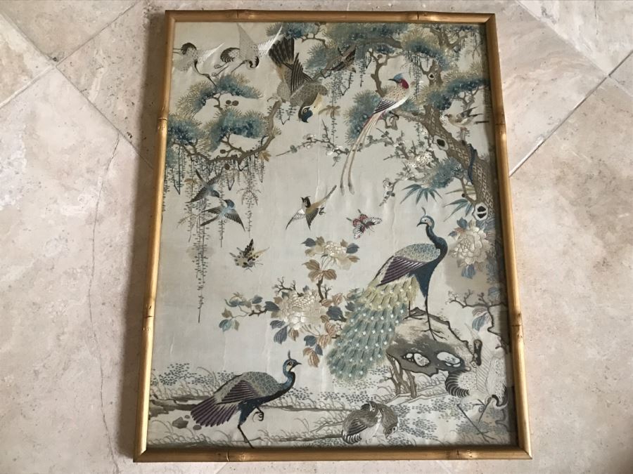 STUNNING Very Fine Vintage Hand Stitched Silk Embroidery Of Many Birds And Trees In Gilt Bamboo Frame