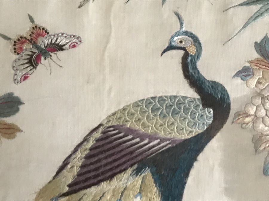 STUNNING Very Fine Vintage Hand Stitched Silk Embroidery Of Many Birds And Trees In Gilt Bamboo Frame [Photo 14]
