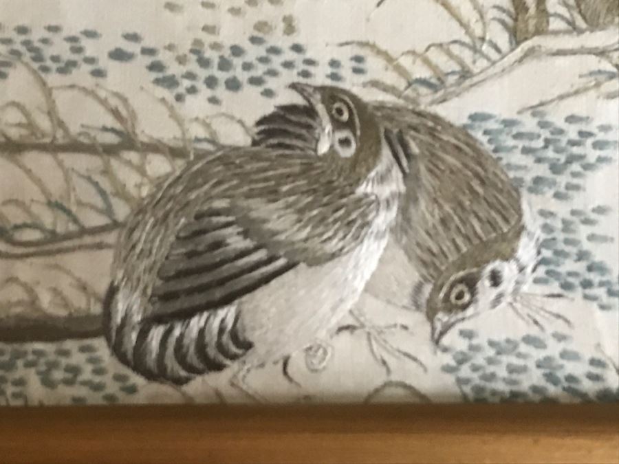 STUNNING Very Fine Vintage Hand Stitched Silk Embroidery Of Many Birds And Trees In Gilt Bamboo Frame [Photo 20]