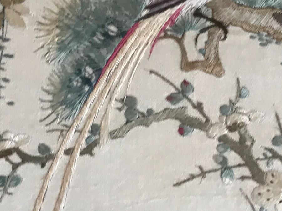STUNNING Very Fine Vintage Hand Stitched Silk Embroidery Of Many Birds And Trees In Gilt Bamboo Frame [Photo 9]
